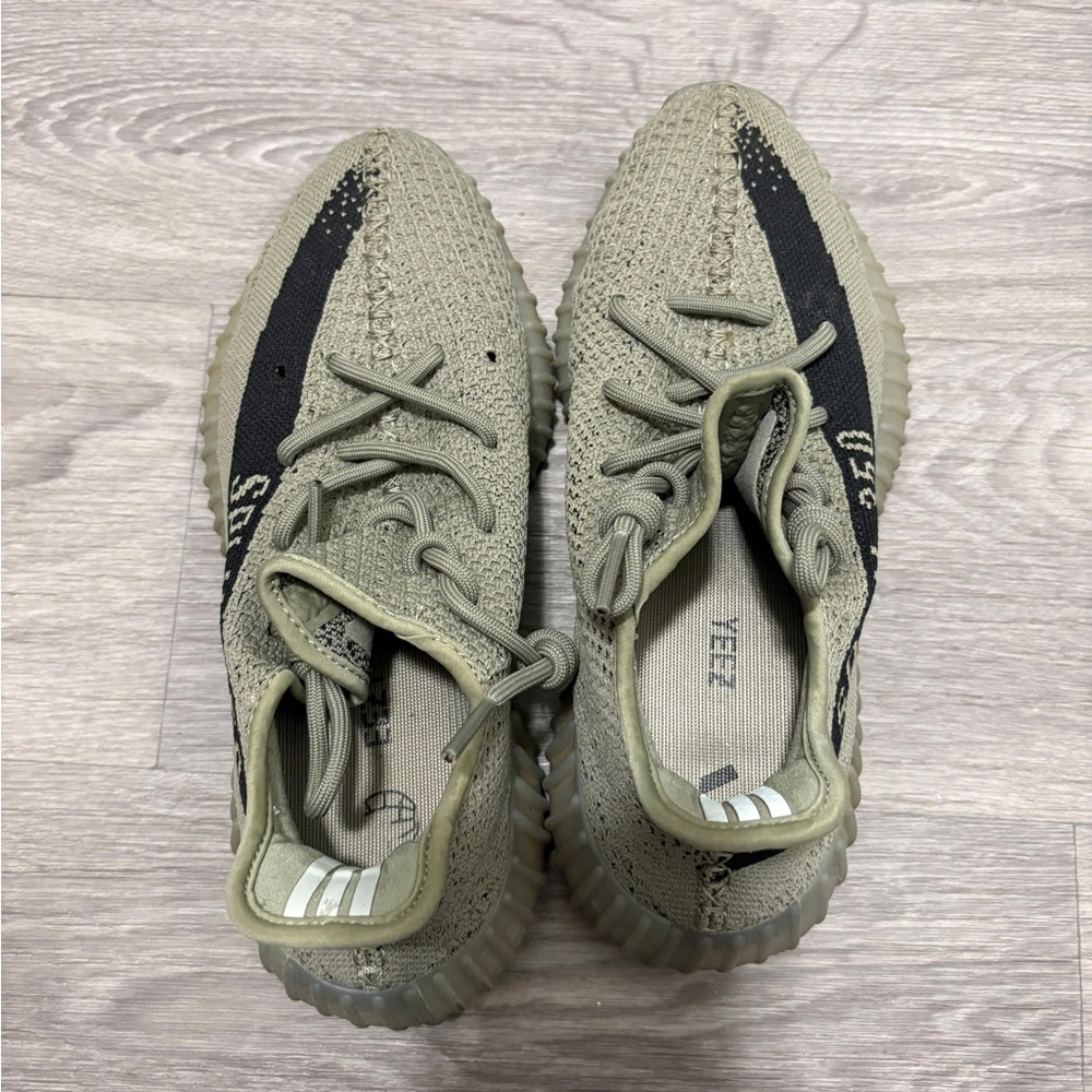 Yeezy Men's Olive Green Knit Sneakers with Black Stripe